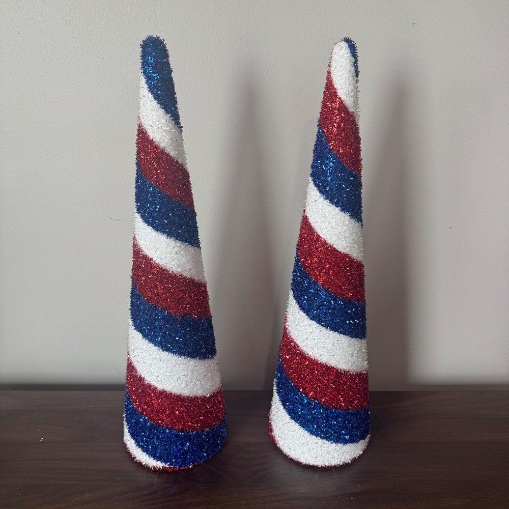 Set of 2 Patriotic Glitter Cone Trees Red White Blue Spiral Stripe 18 Inch Decor